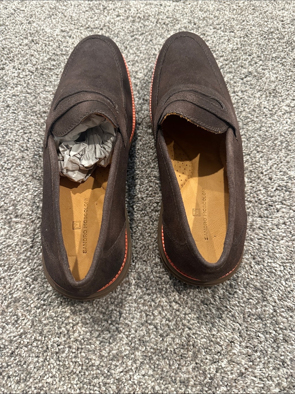Sandro Moscoloni Dark Brown Suede Penny Loafers with Orange Trim